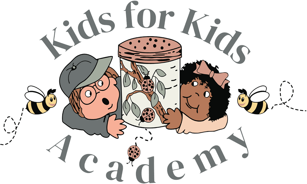 A playful logo featuring two children holding a jar, surrounded by bees, with the text "Kids for Kids Academy" in a fun font.